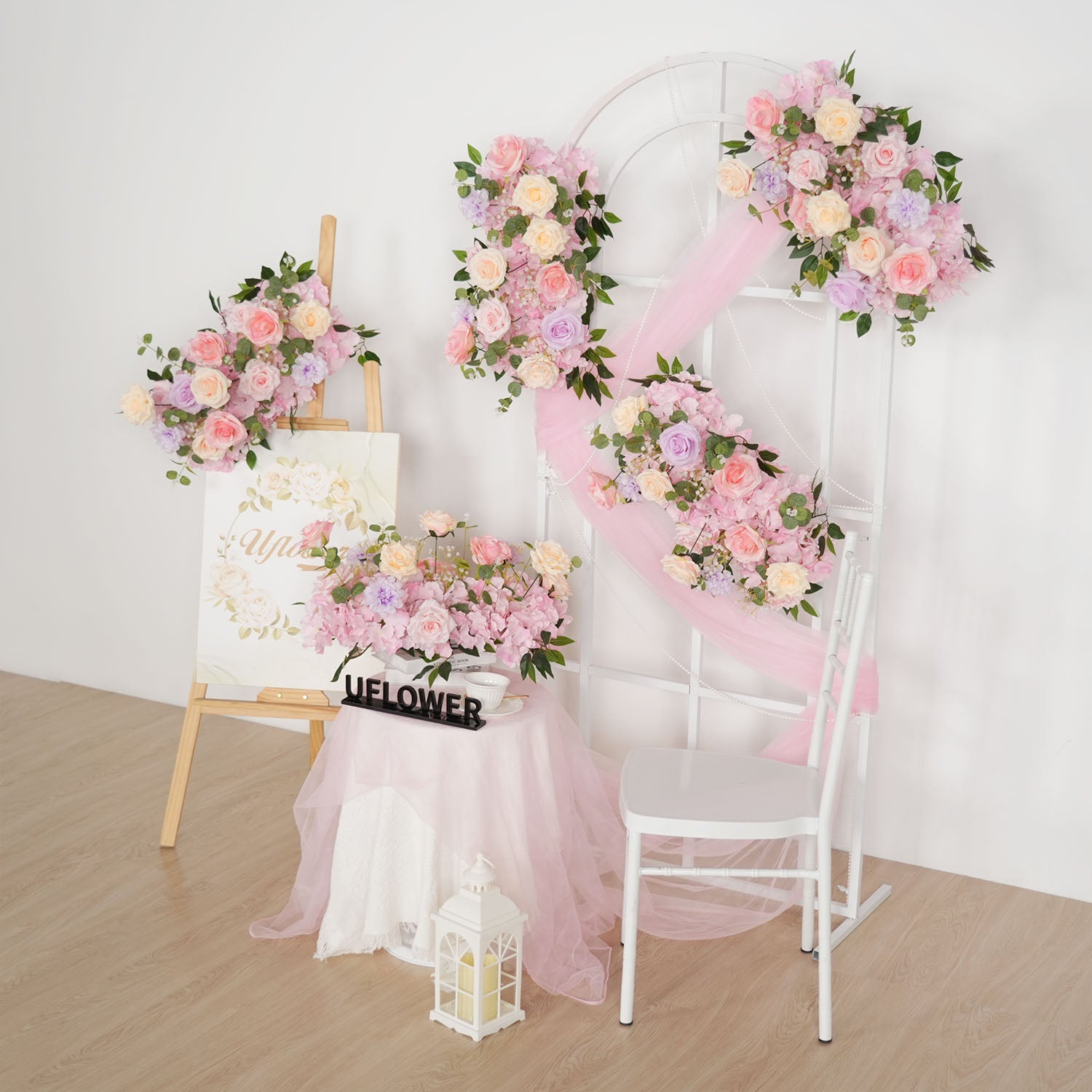 Uflower Artificial Pink Purple Rose Green Leaf Flower Row Wedding KT Backdrop Decor